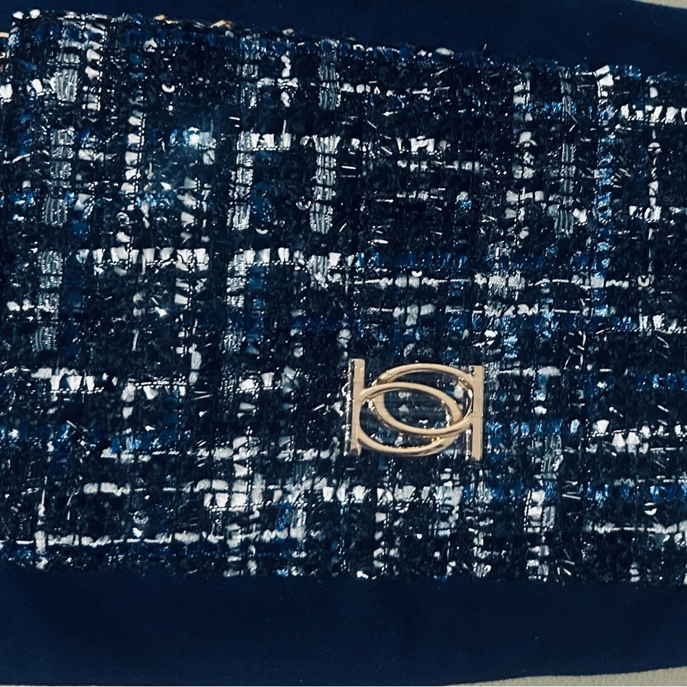 Bebe Navy Tweed Clutch with Gold Detail